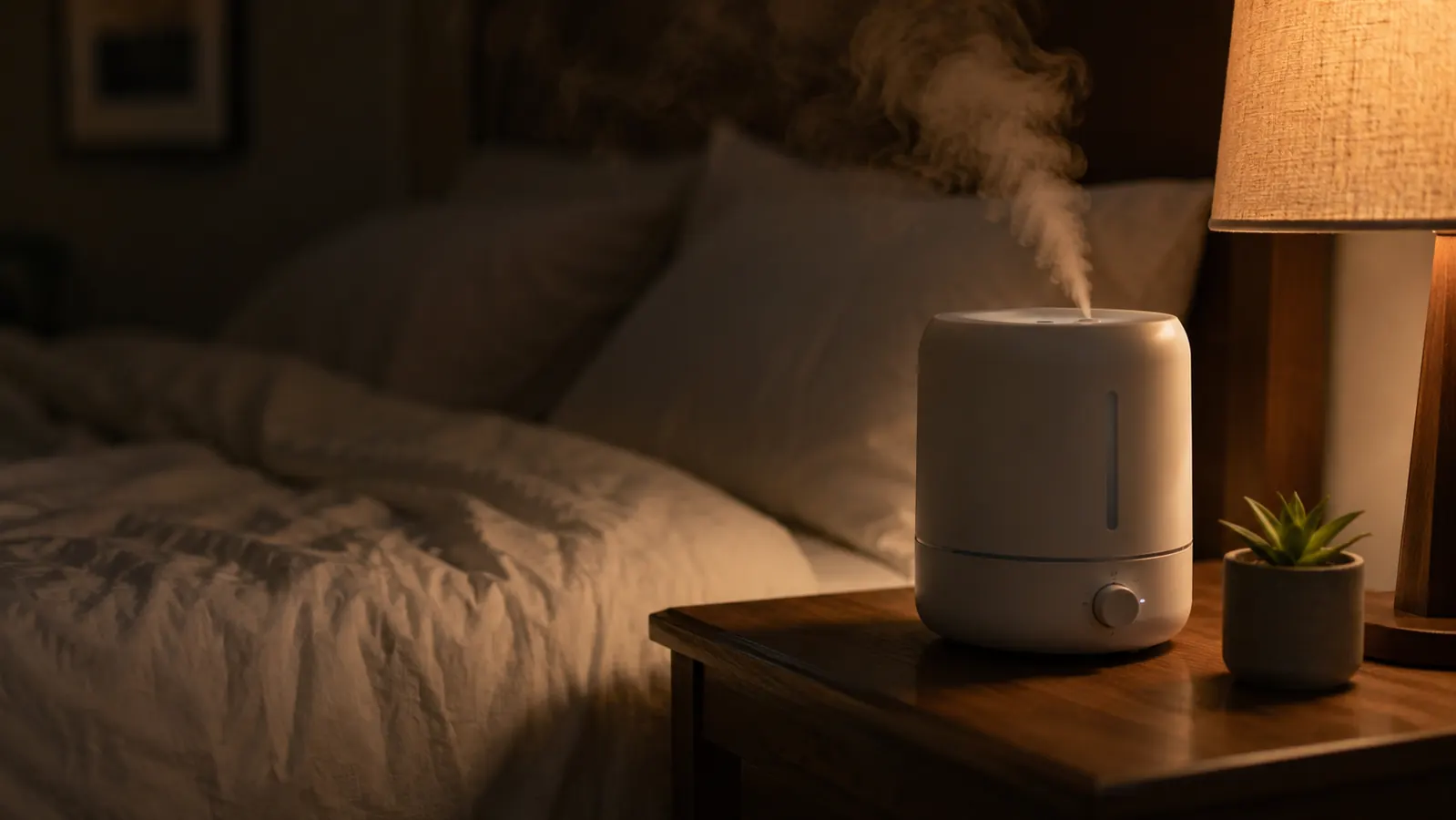 A black Levoit cool mist humidifier on a nightstand releasing a soft visible mist in a dim, cozy bedroom