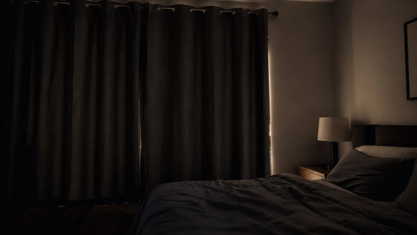 Dark, quiet bedroom with grey blackout curtains fully drawn over the window at night