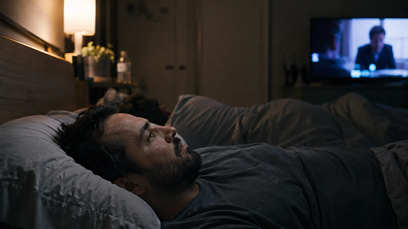 One person asleep on their side while a partner watches television on low volume across the room with headphones nearby