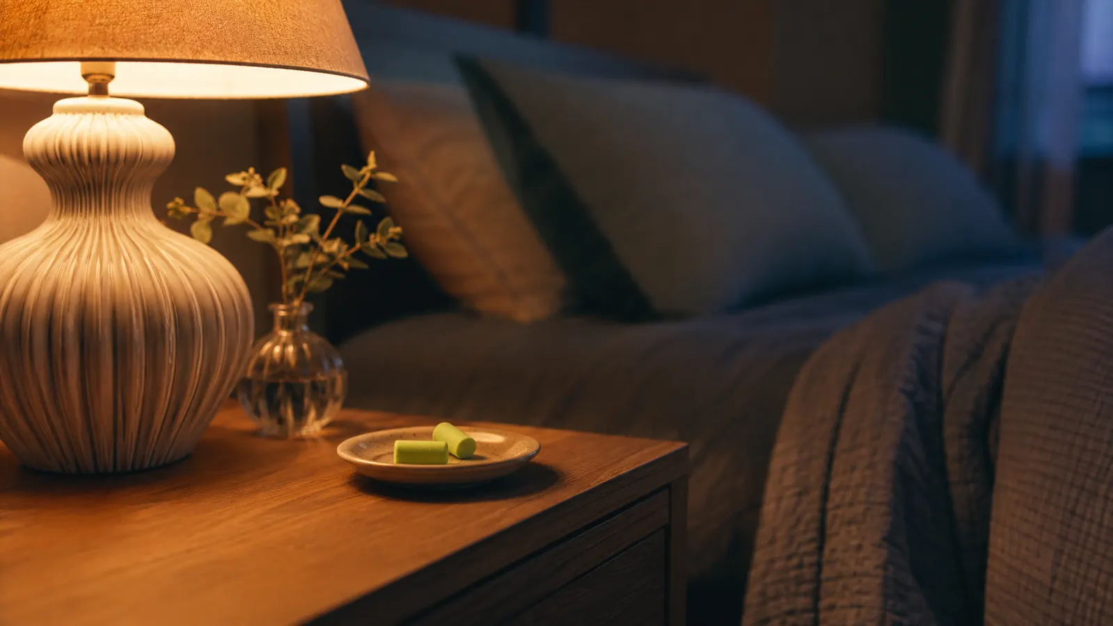 A small dish of green foam ear plugs on a nightstand beside a low lamp in a dim bedroom