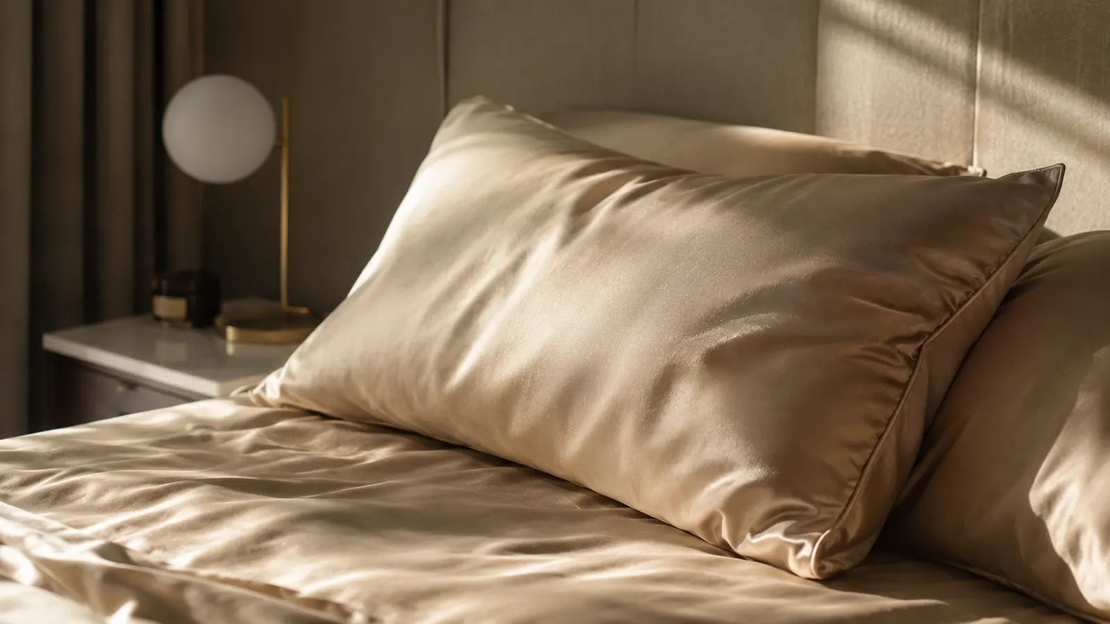 A beige mulberry silk pillowcase smoothed over a pillow on a neatly made bed in soft morning light