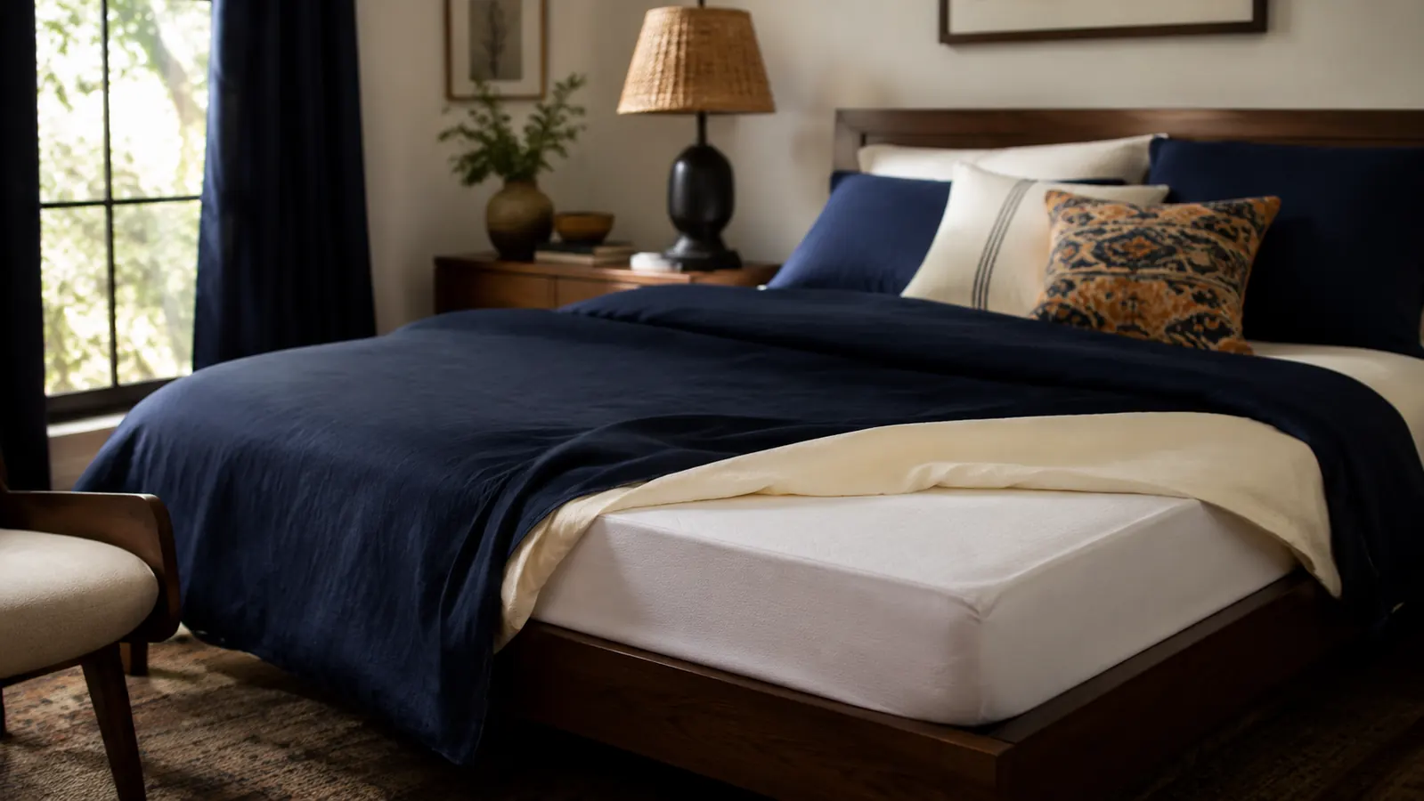Made queen bed in a calm bedroom with the corner of the sheet folded back to show the mattress protector underneath