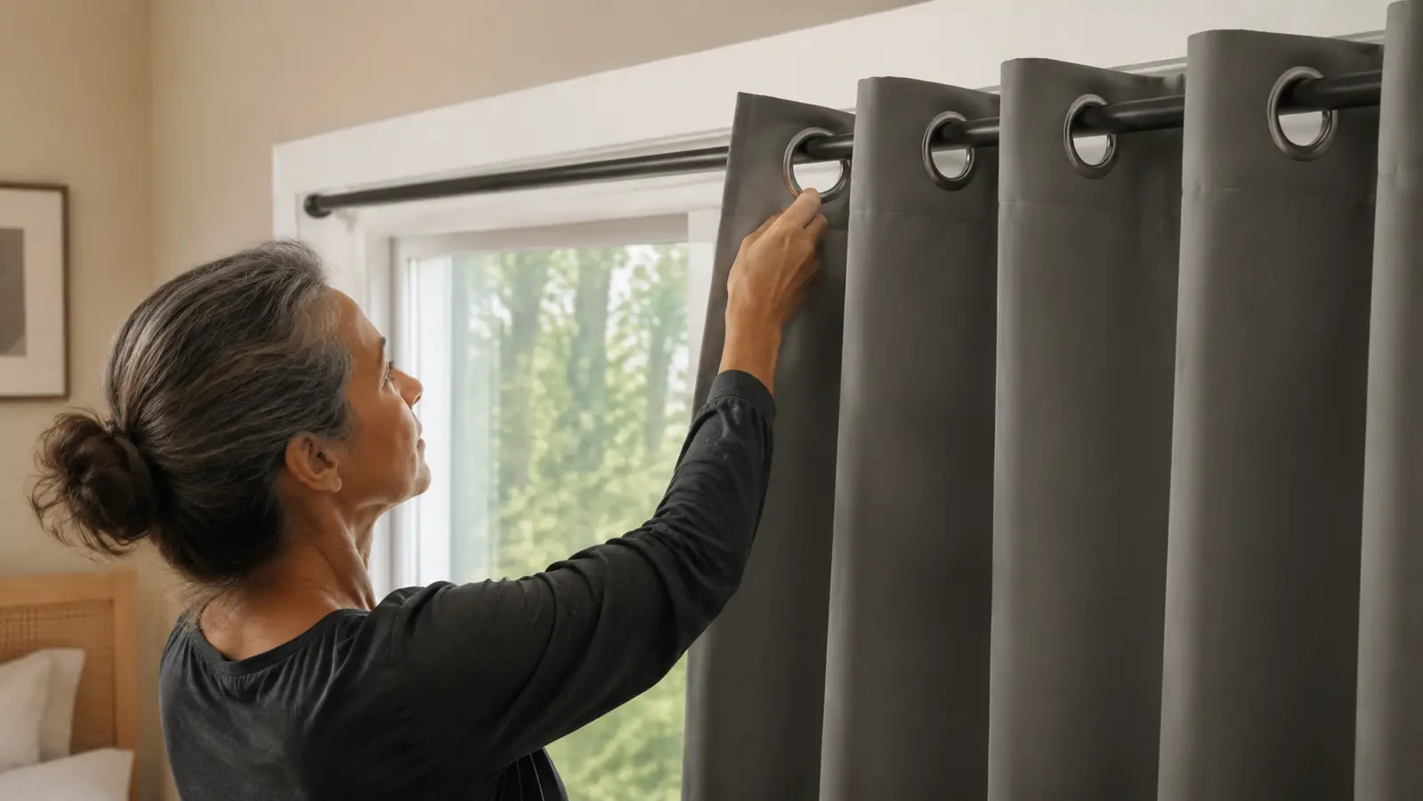 Hand hanging a grey grommet NICETOWN blackout curtain panel on a rod above a bedroom window