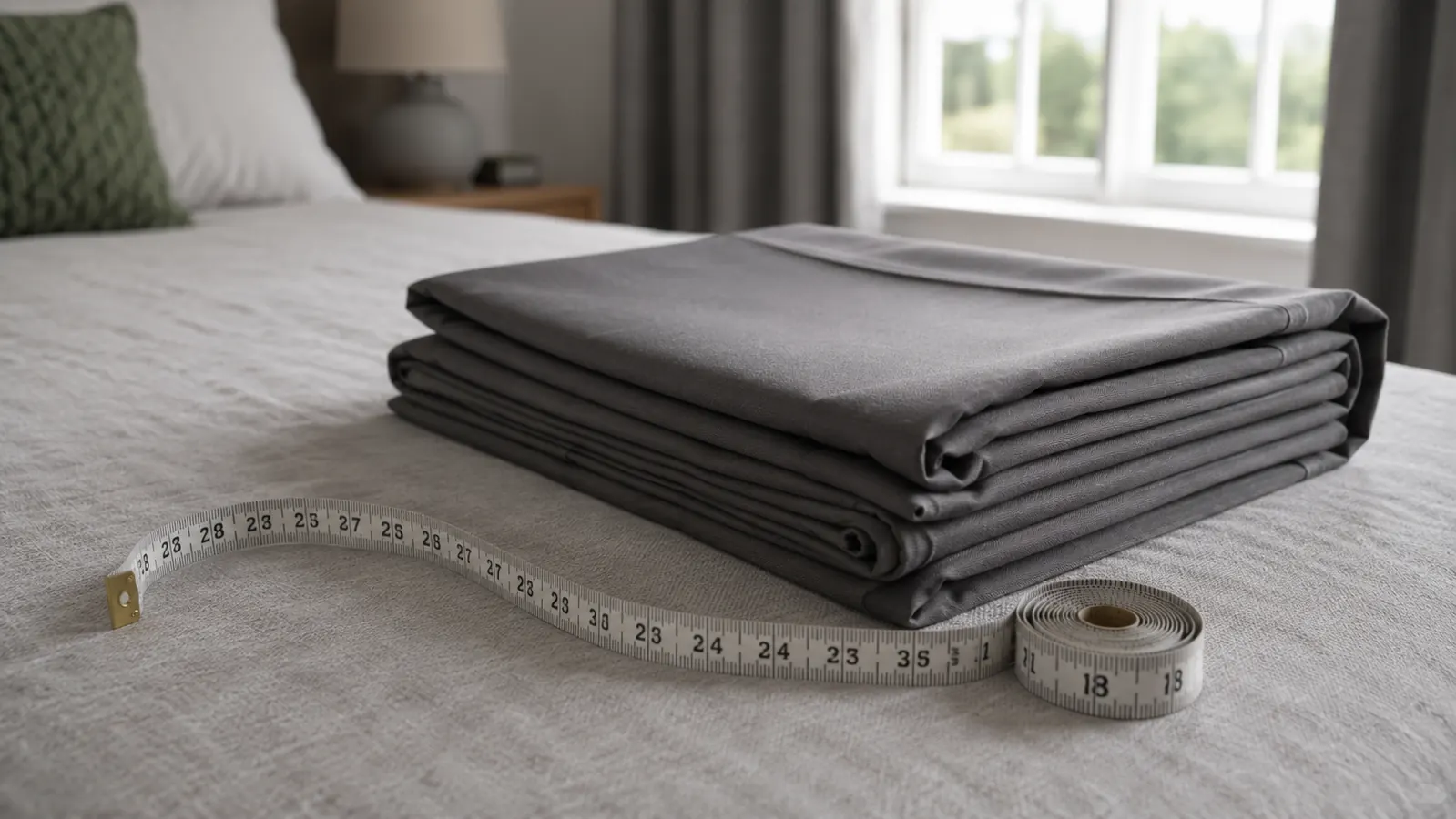 A single folded blackout curtain panel laid flat on a bed next to a tape measure and a window frame in the background