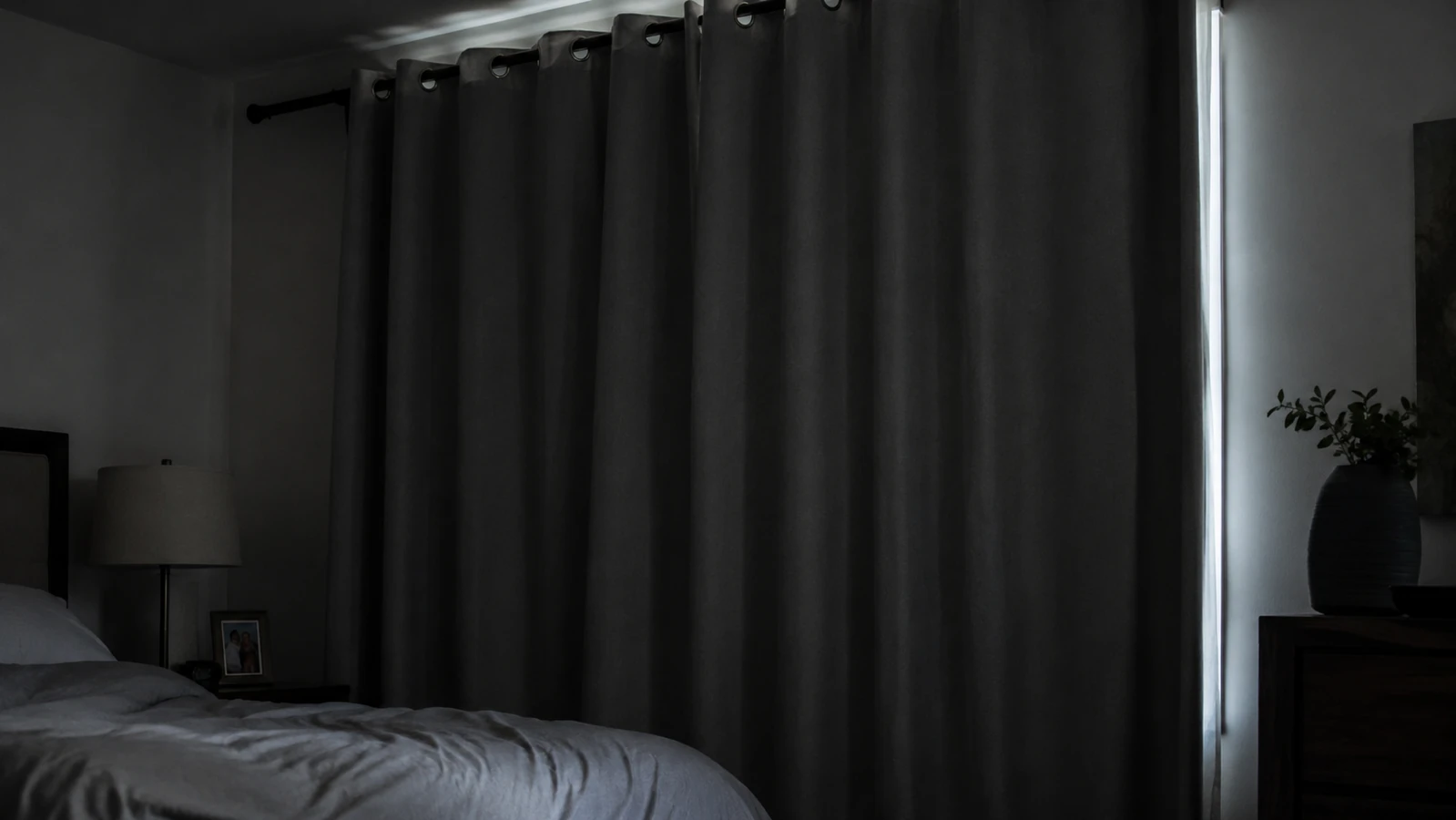 A dim bedroom at night with a thin sliver of streetlight visible along the edge of a closed curtain panel