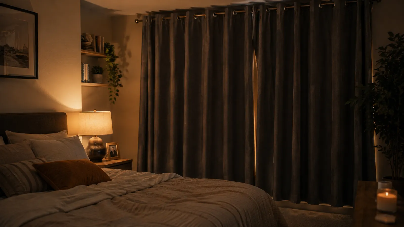Grey blackout curtains hanging over a bedroom window at dusk, room lit only by a warm bedside lamp