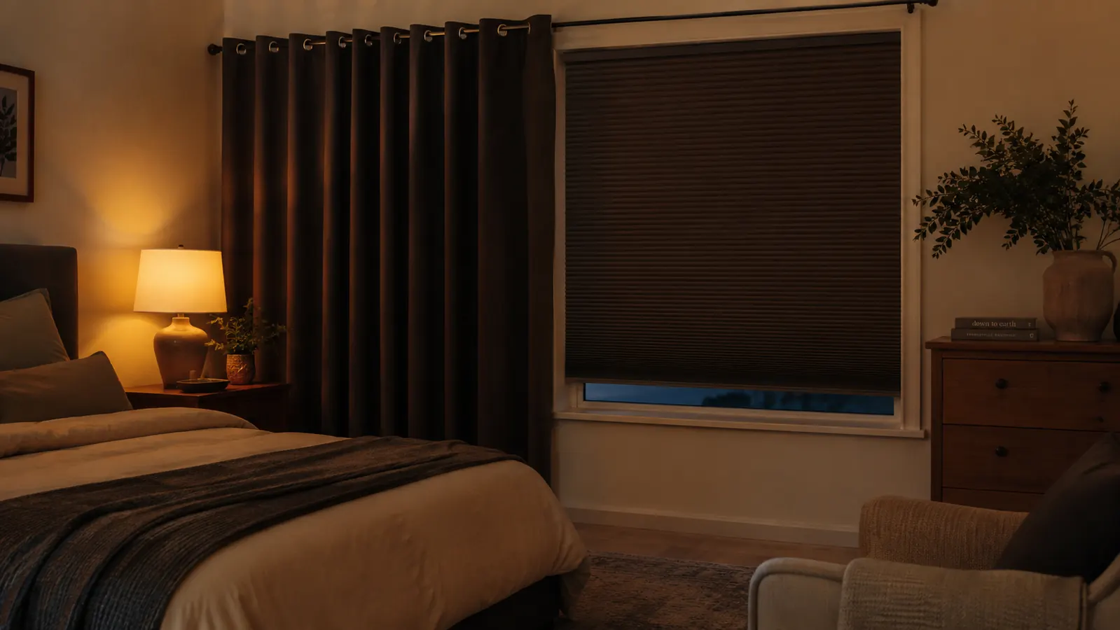 A dark bedroom window at dusk, one side covered by heavy blackout curtains and the other by a closed blackout blind