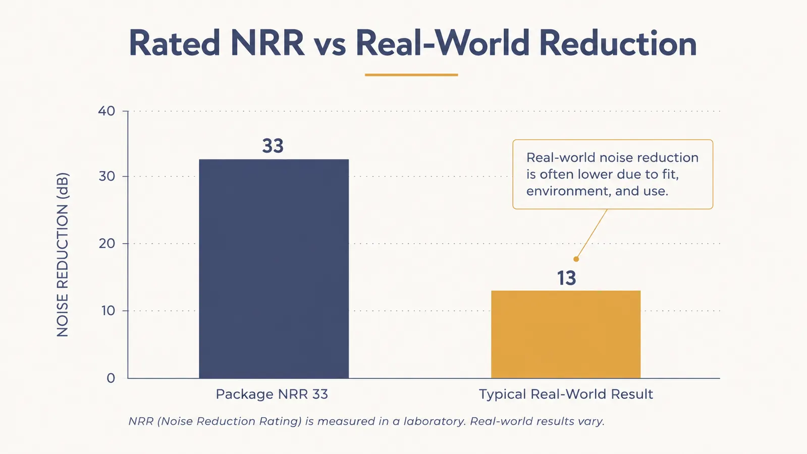 A simple diagram-style chart comparing rated NRR versus typical real-world noise reduction for foam ear plugs