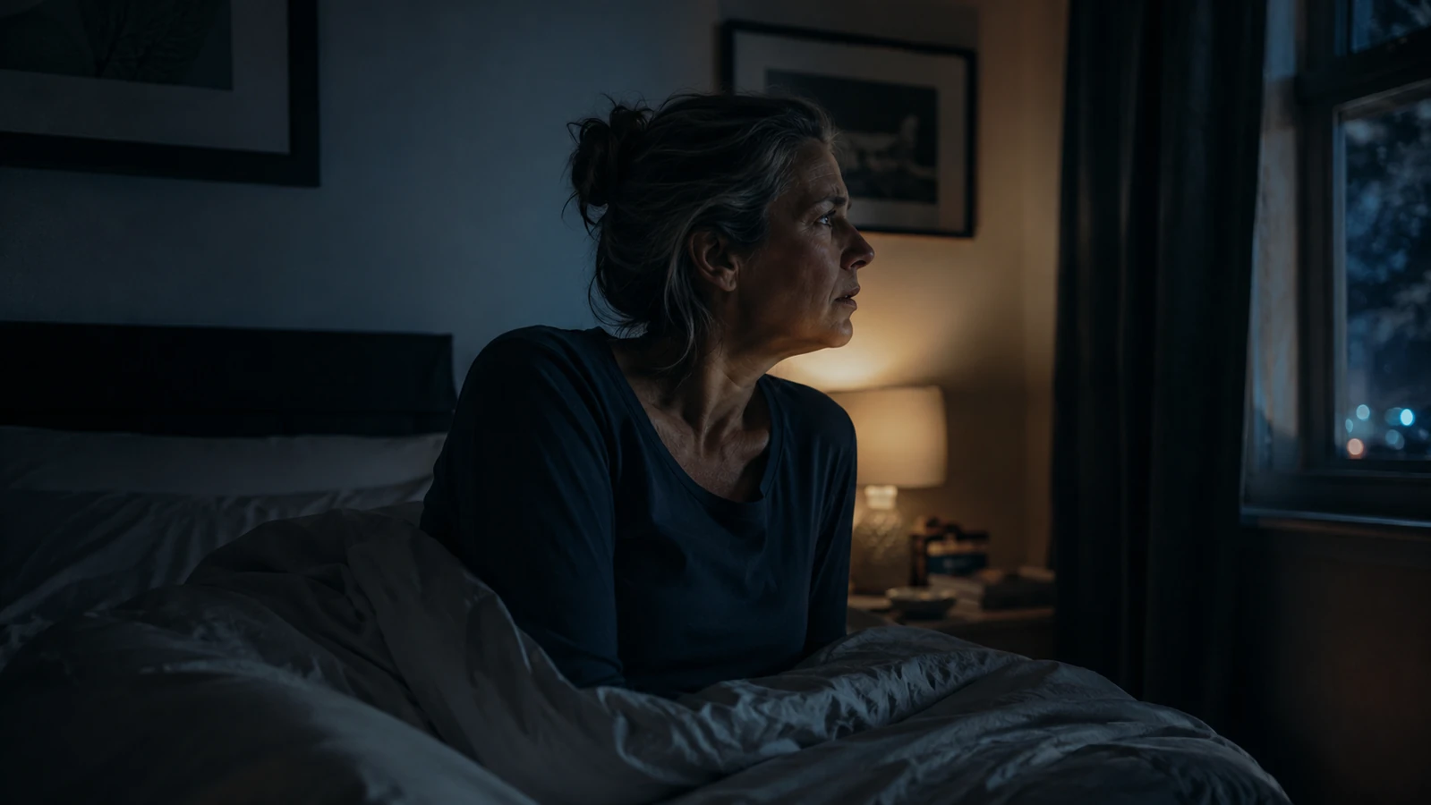A light sleeper lying awake in a dim bedroom, one hand near their ear, looking mildly frustrated at a noise