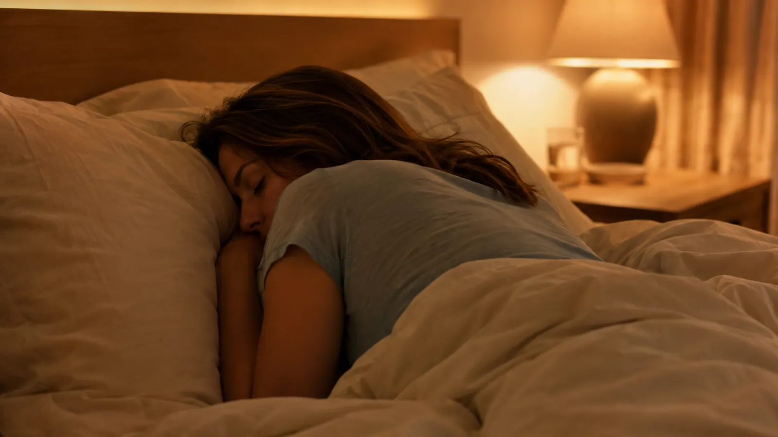 A dimly lit bedroom at night with a nightstand lamp on low, a person sleeping on their side under a soft blanket