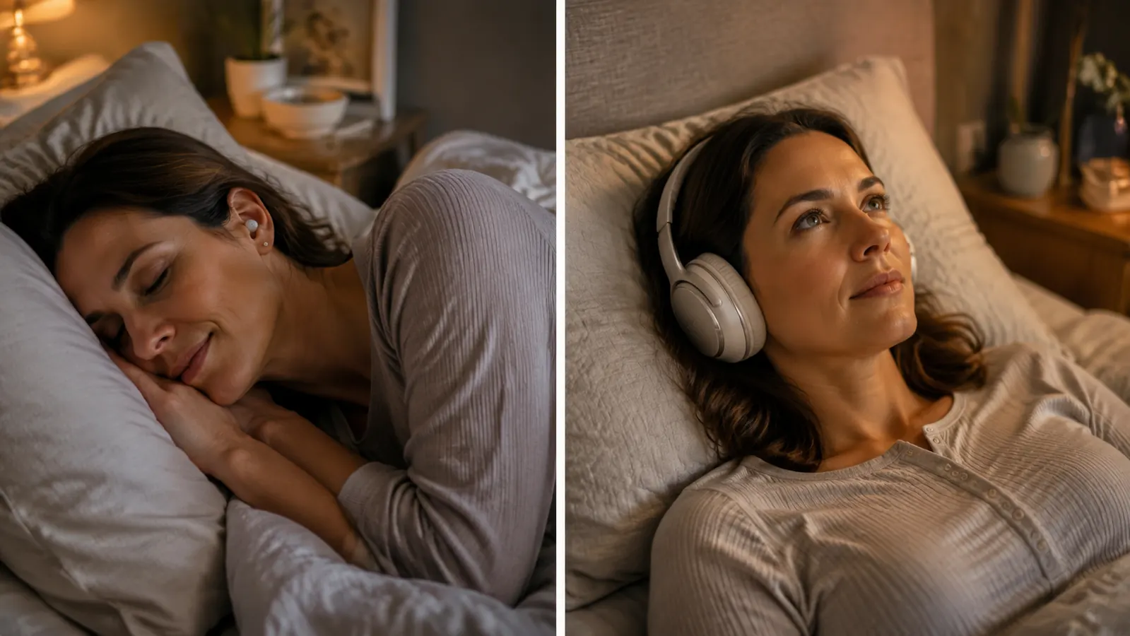 A person sleeping on their side with nothing visible in their ears, next to a second image of someone lying on their back wearing large headphones
