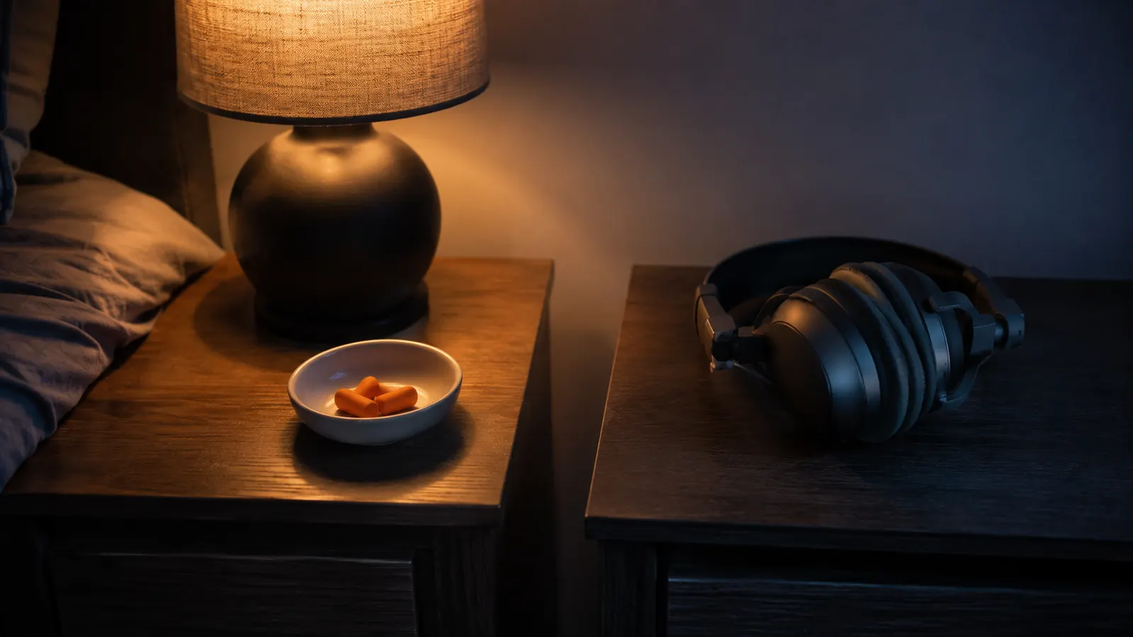A dark bedroom at night with two nightstands, one holding a small dish of foam ear plugs and the other holding a pair of headphones