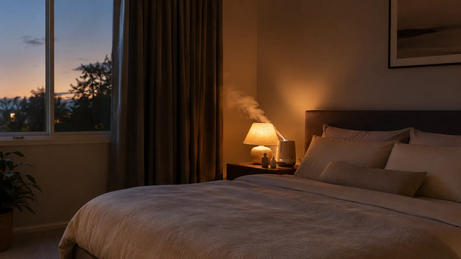 A dim bedroom just before dawn, heavy curtains drawn across the window and a bed made up in soft linen
