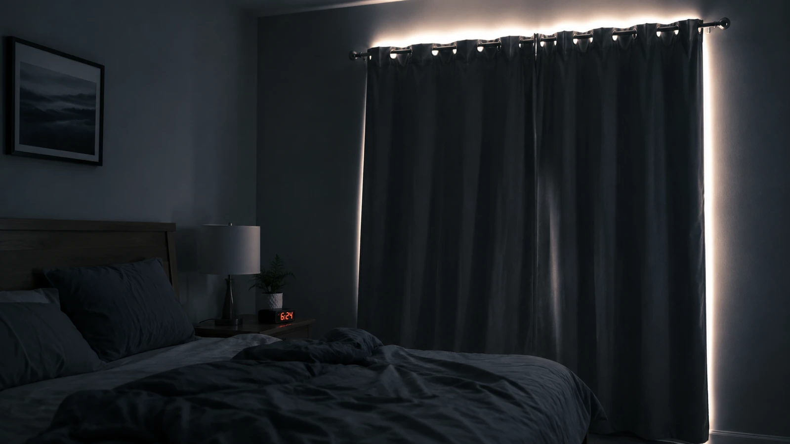 A bedroom just before sunrise with a thin bright line of light along the top and one side of a closed grey curtain panel