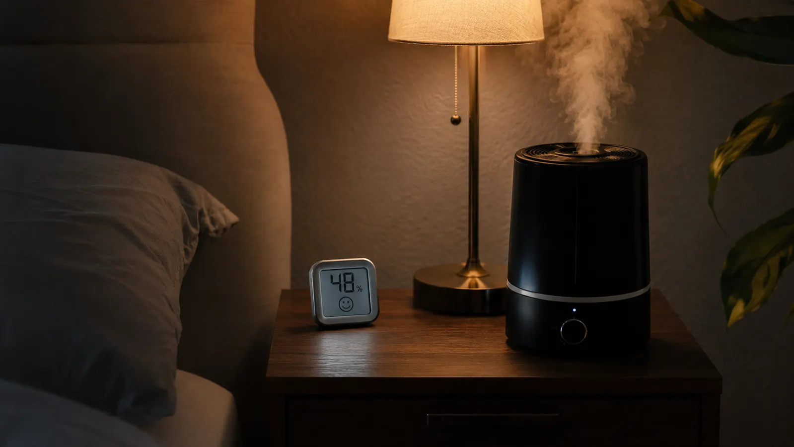 A small digital hygrometer sitting on a bedroom nightstand next to a running cool mist humidifier