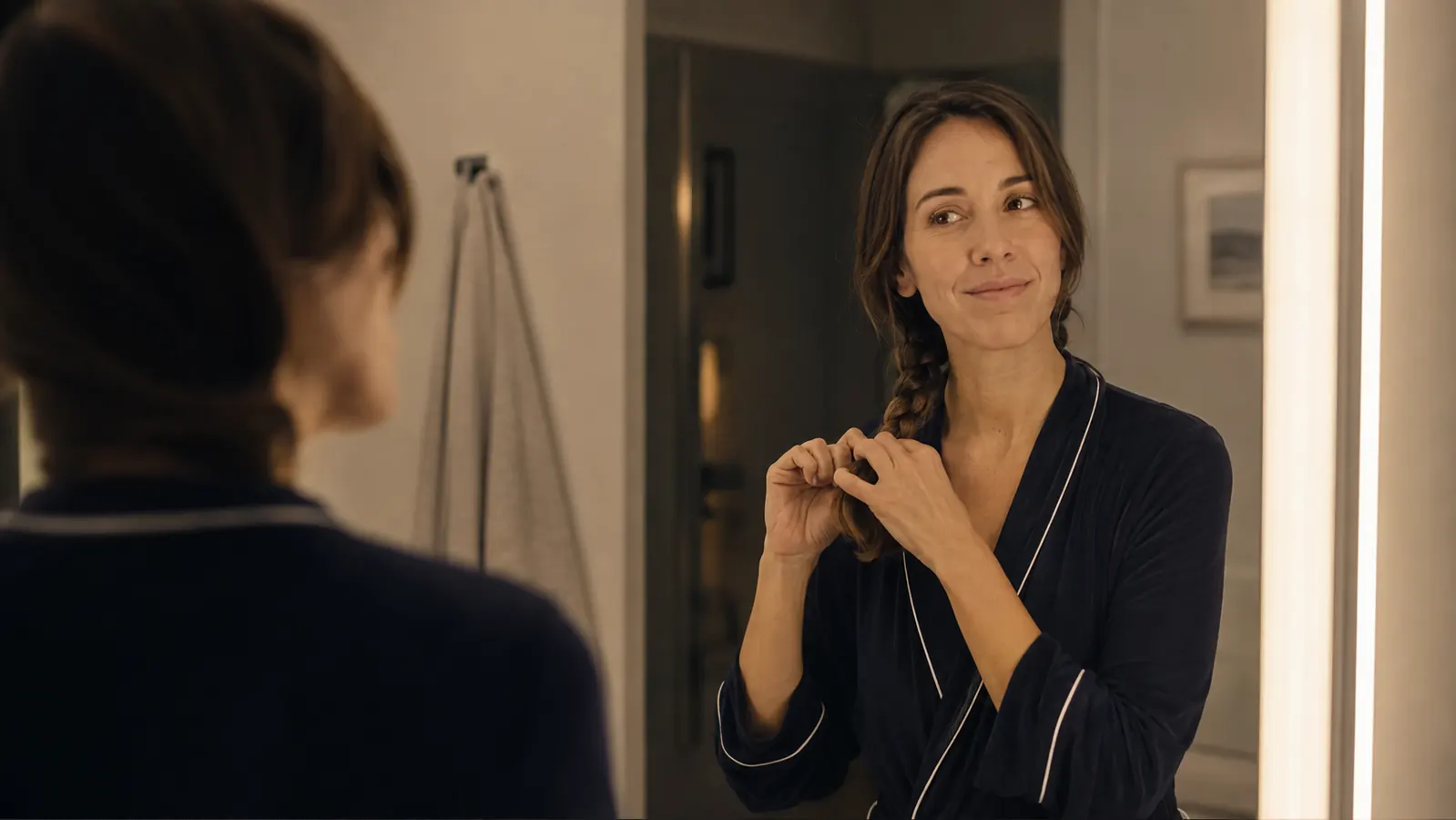 Woman standing at a bathroom mirror putting her hair into a loose braid before bed