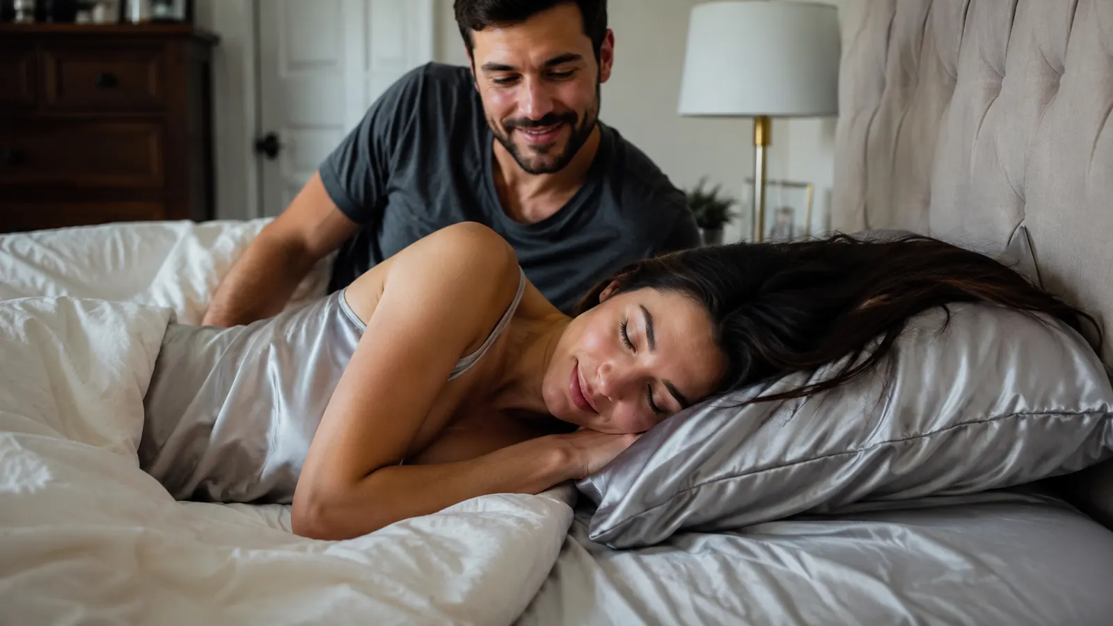 Woman waking up with smooth, tangle-free hair on a silk pillowcase in soft morning light