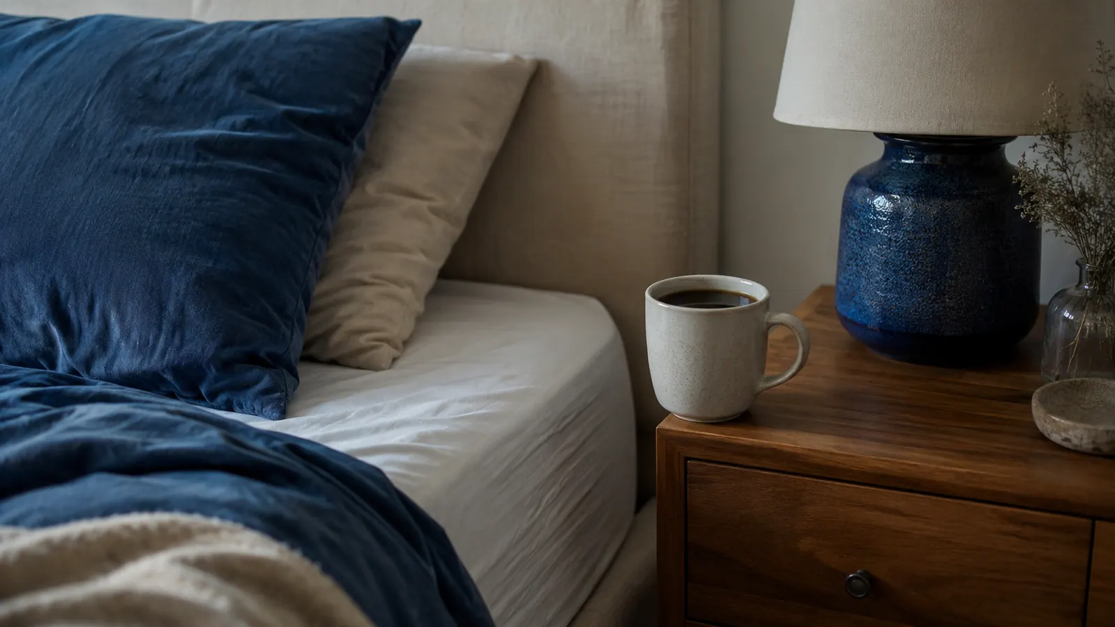 Neatly made bed with crisp white sheets in soft morning light, a coffee mug resting on the nightstand