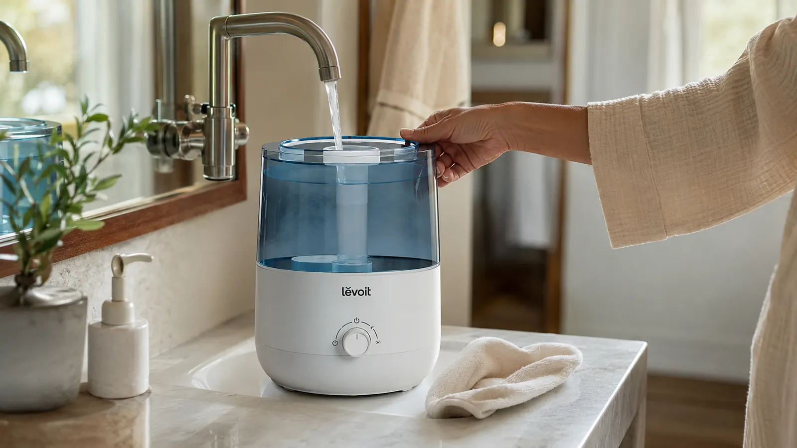 Hand filling the top of a black Levoit humidifier tank at a bathroom sink