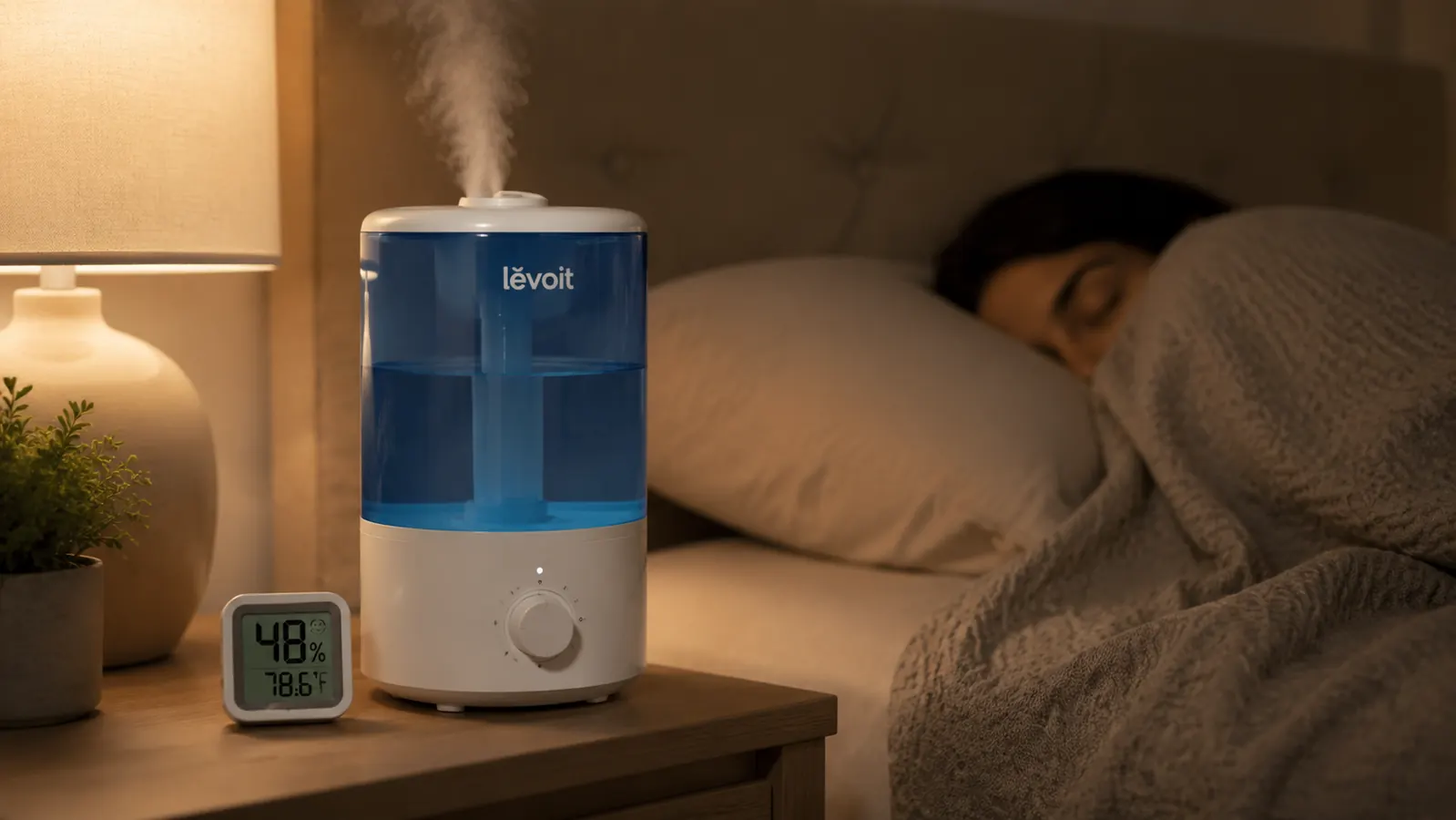A black Levoit humidifier running on a bedroom nightstand with a fine mist visible and the hygrometer reading higher nearby