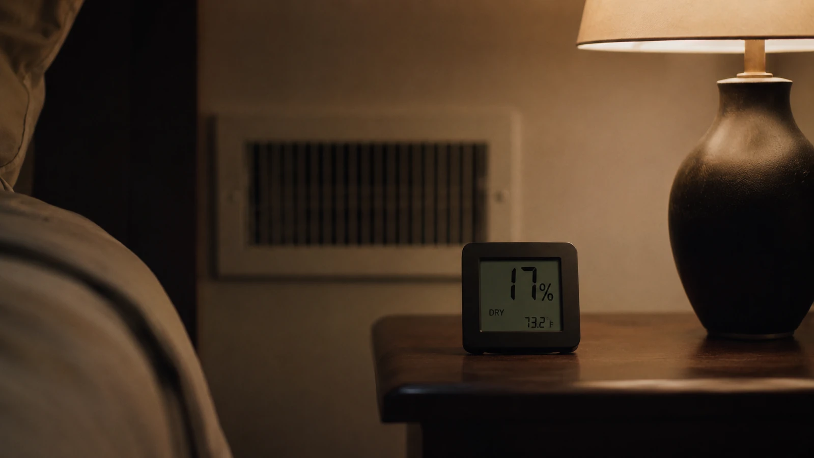 A small digital hygrometer on a nightstand reading a low humidity percentage in a dim bedroom