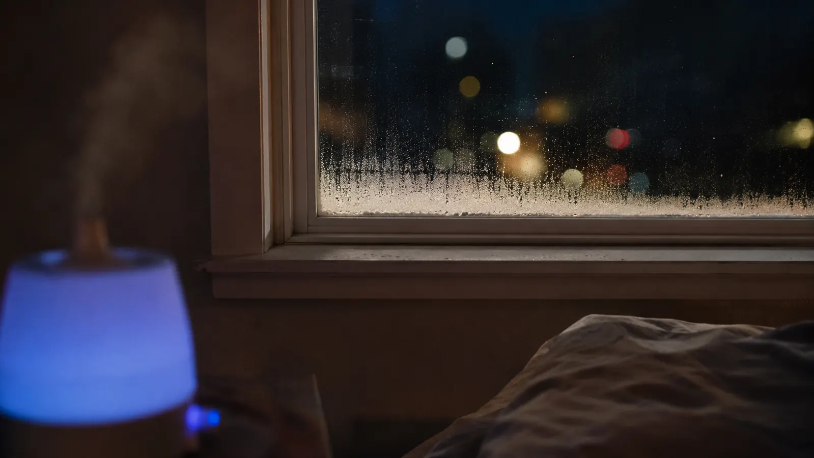 A bedroom window with light condensation along the bottom edge near a running humidifier