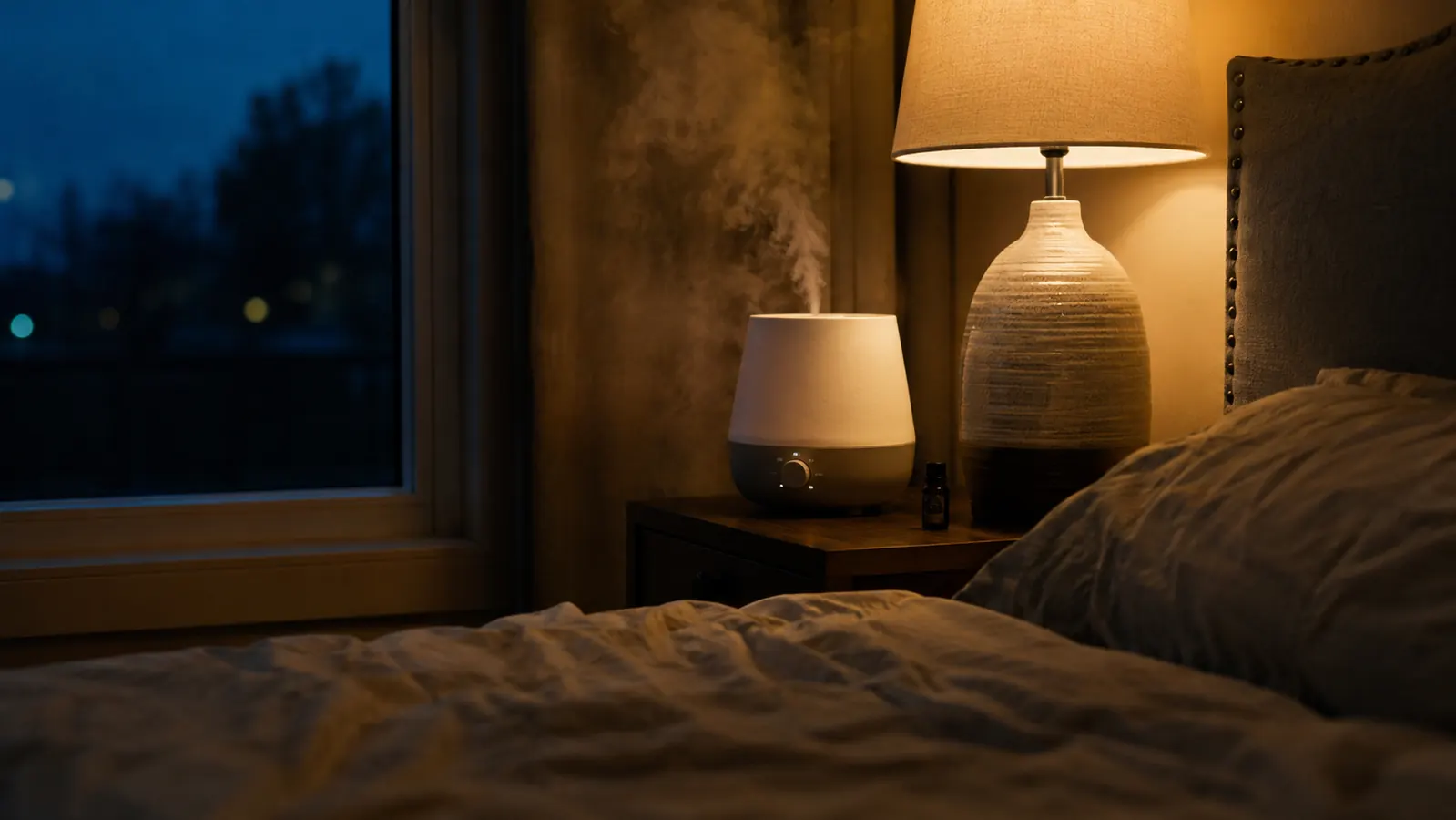 A black Levoit cool mist humidifier releasing a fine mist on a bedroom nightstand at dusk