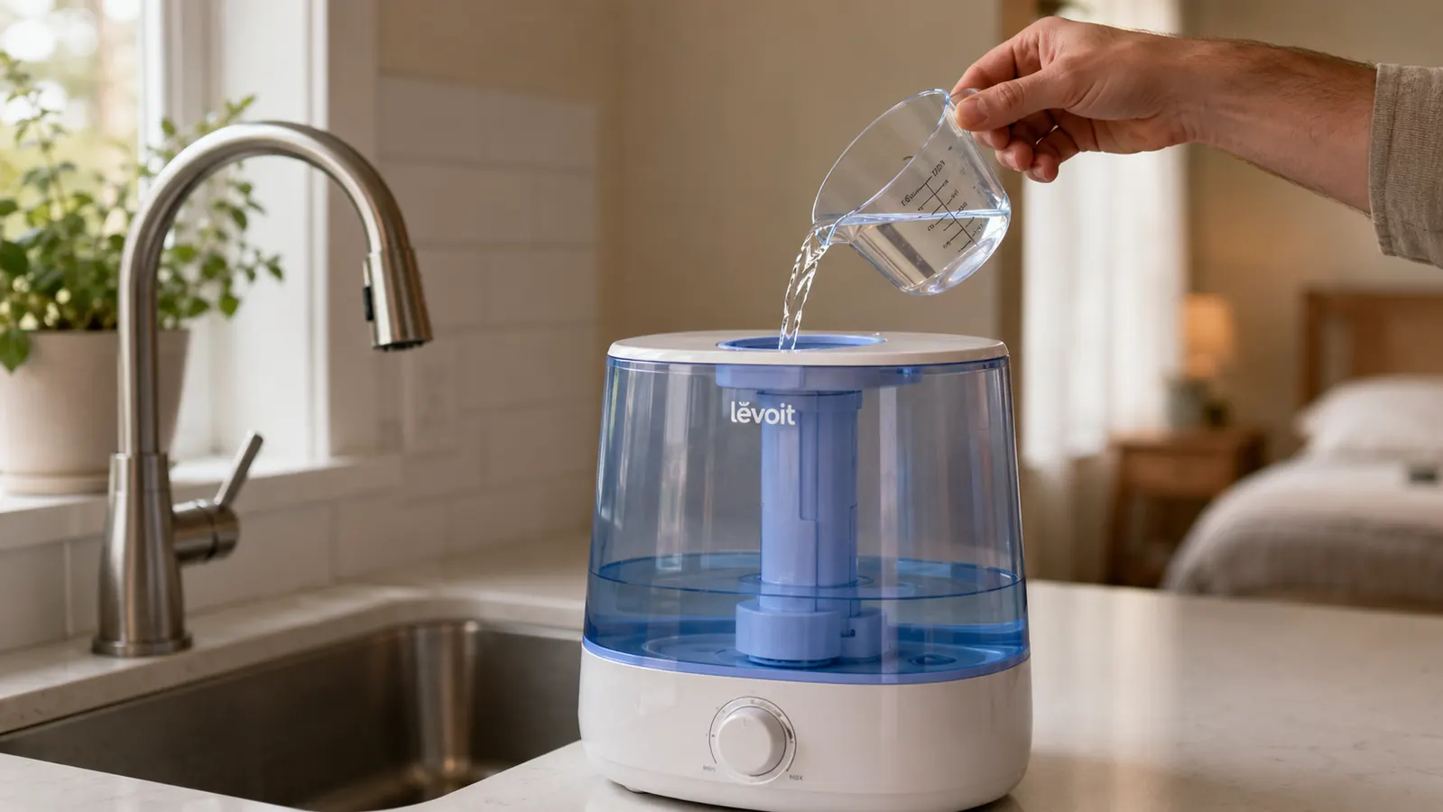 Hand pouring water into the top-fill tank of a Levoit cool mist humidifier