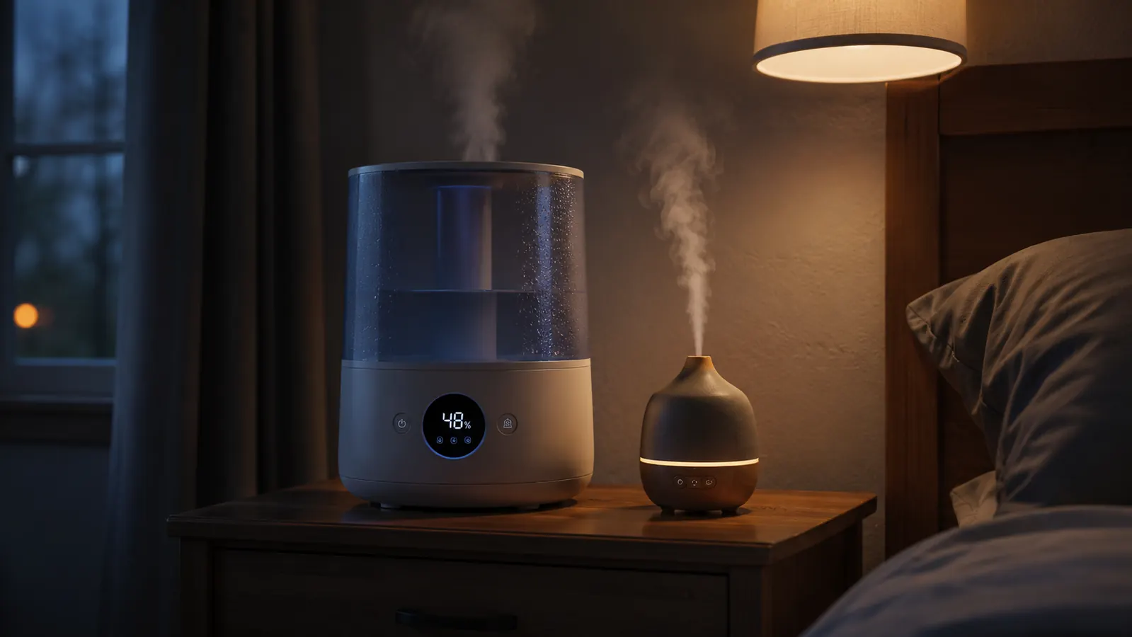 A cool mist humidifier and a small essential oil diffuser sitting side by side on a bedroom nightstand