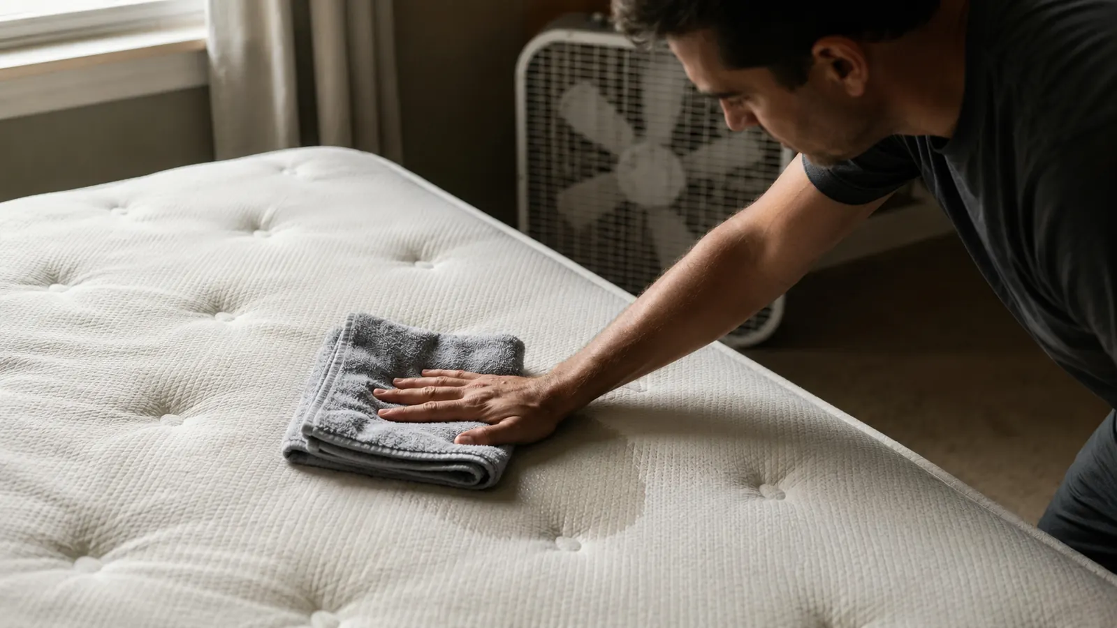 Overhead view of a small damp patch on a bare mattress being blotted with a folded towel