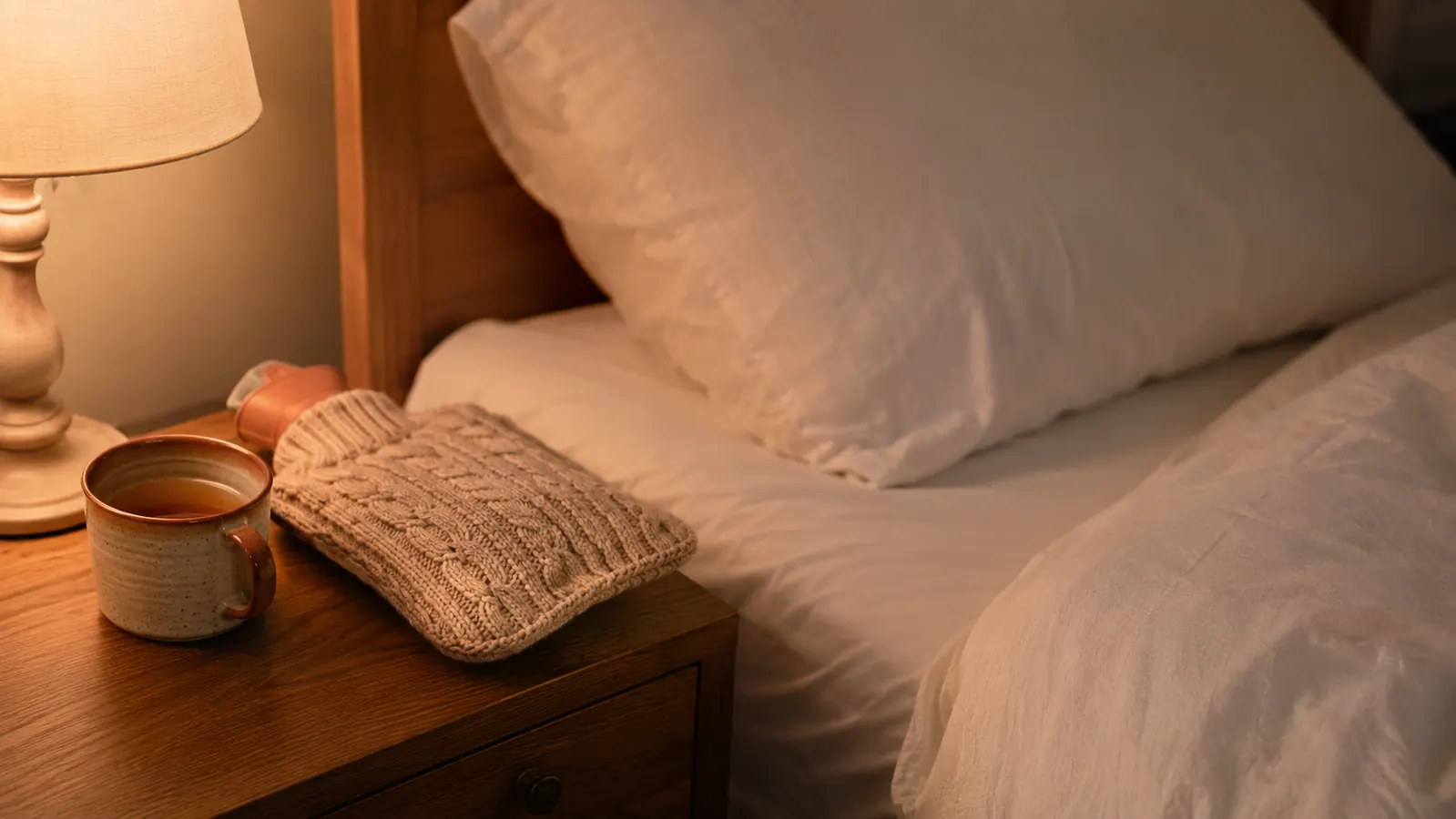 A mug of tea on a nightstand beside a calmly made bed with white sheets