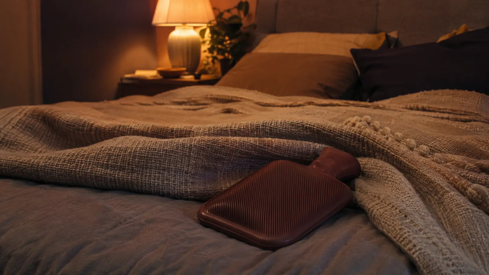 A hot water bottle sitting on a made bed near the foot, soft lamp light, calm bedroom at night