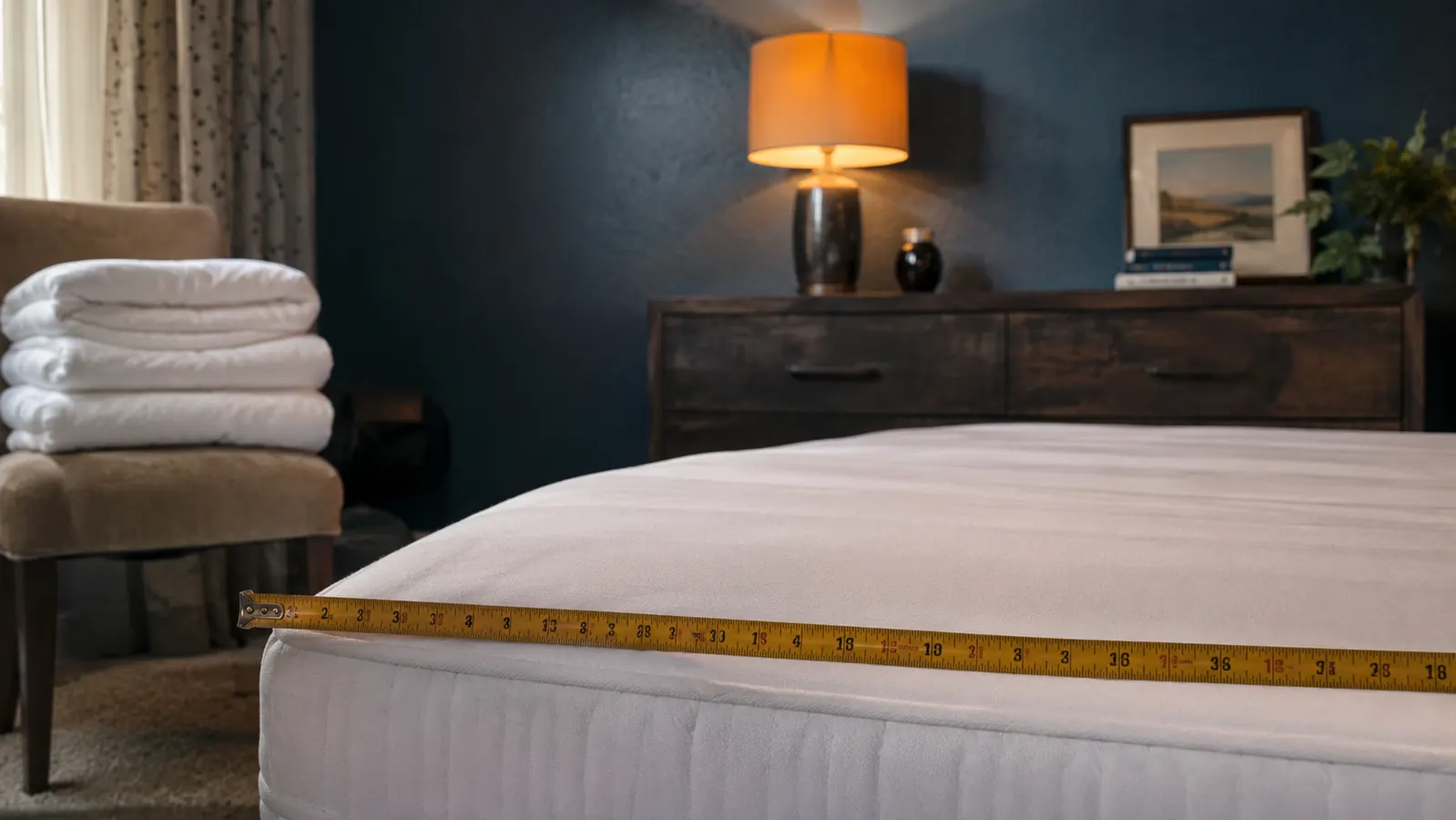 Neatly folded white bedding stacked on a chair beside a made bed, a tape measure resting across the mattress edge