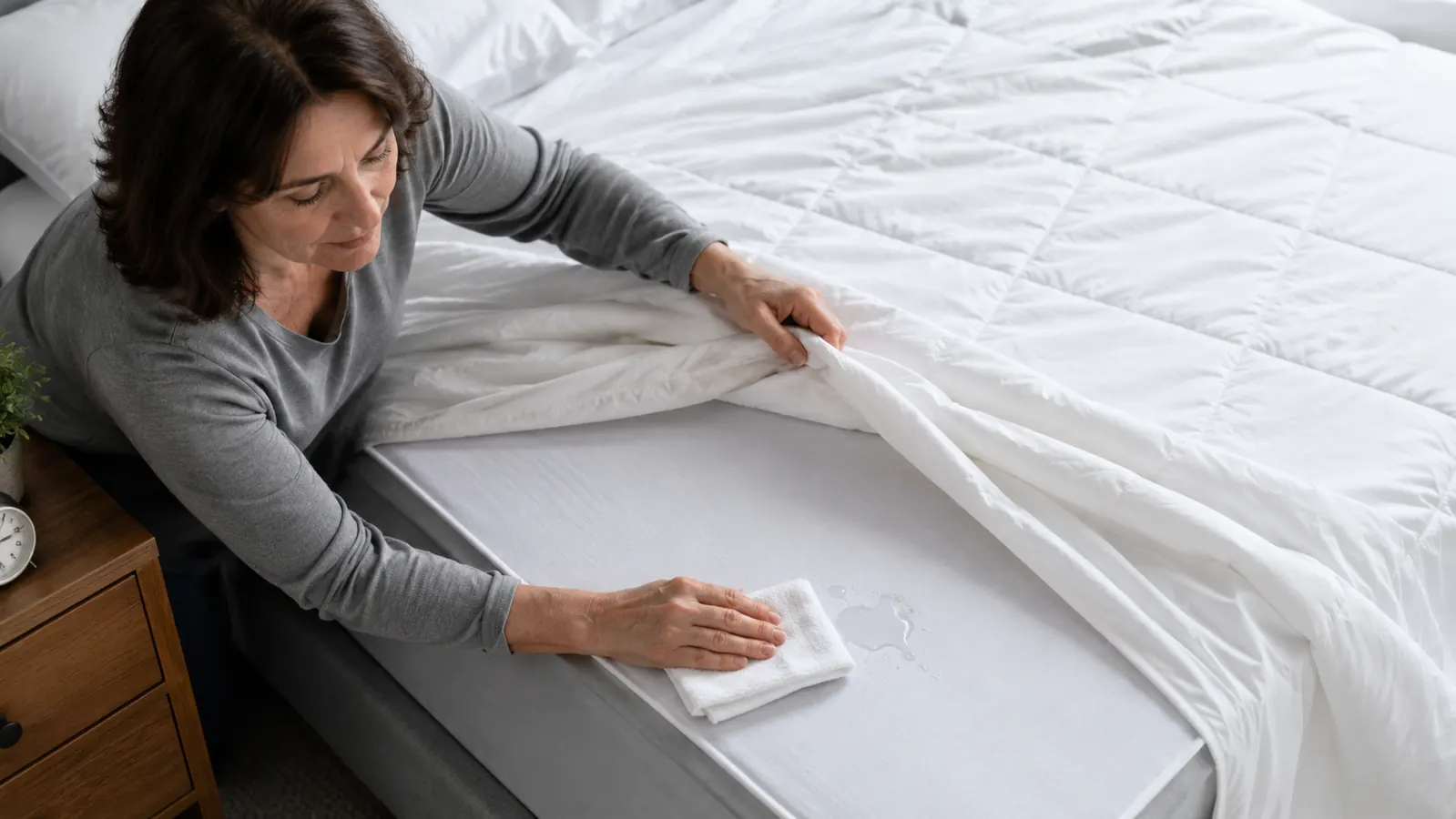 Overhead view of a small water spill being blotted with a towel on a made bed, protector visible at the sheet edge