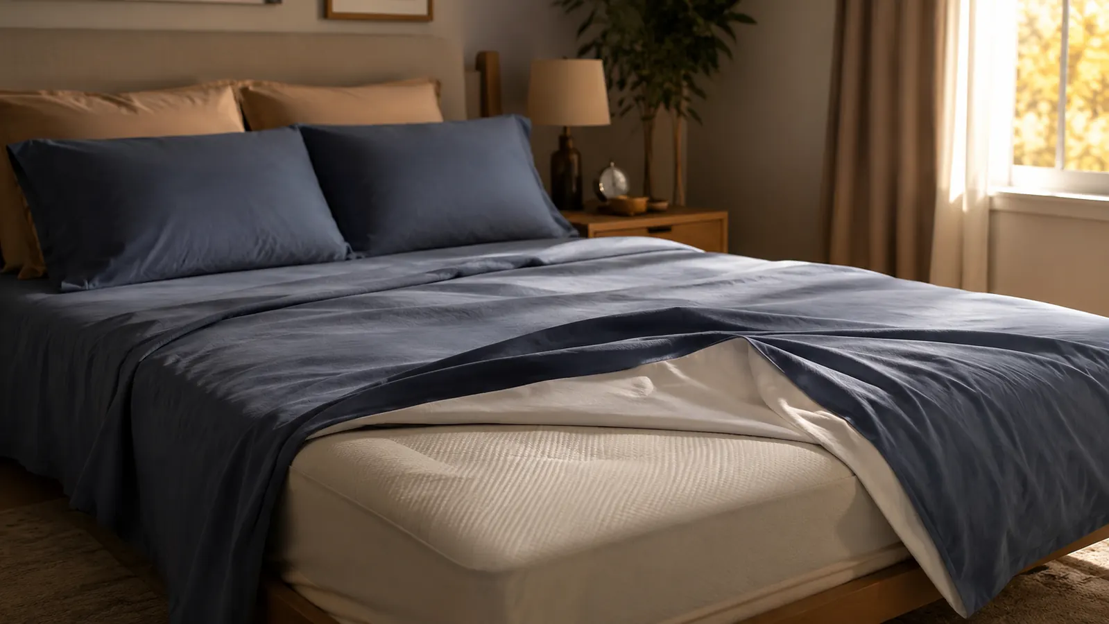 Queen bed with white fitted sheet pulled back slightly to show the mattress protector underneath, soft morning light through a window
