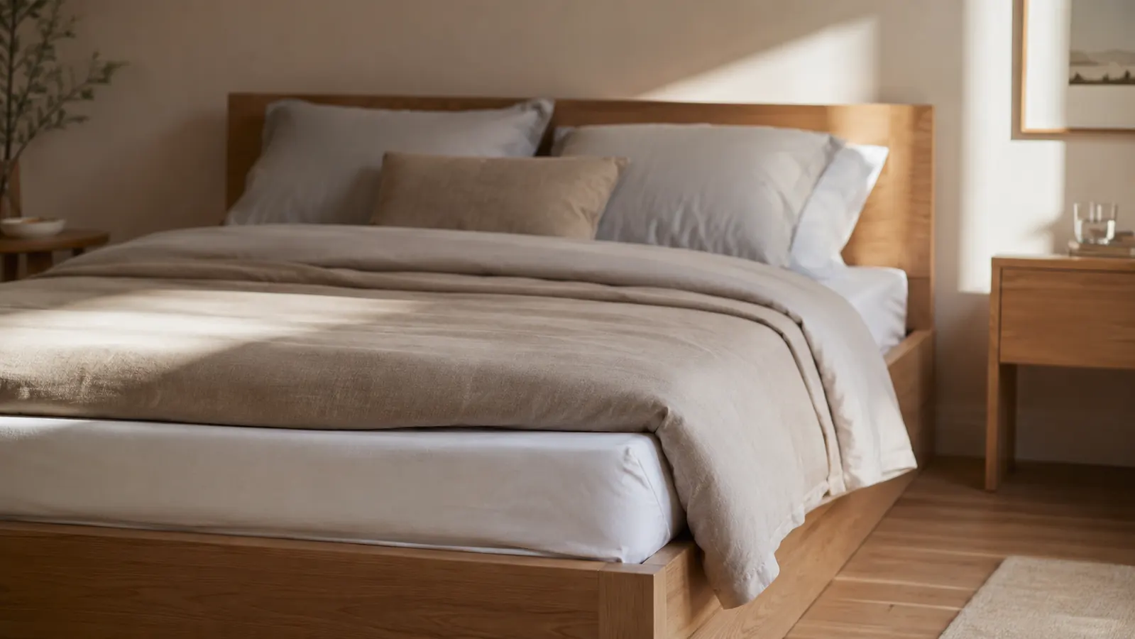 A neatly made bed in soft morning light with a white fitted mattress protector visible at the corner