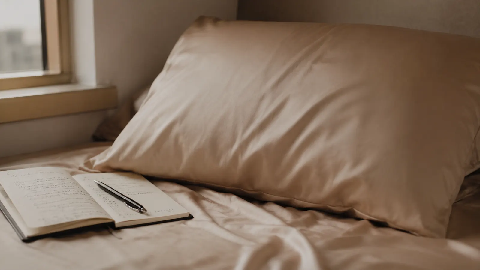 A beige silk pillowcase on a made bed beside a small open notebook, early morning light through the window