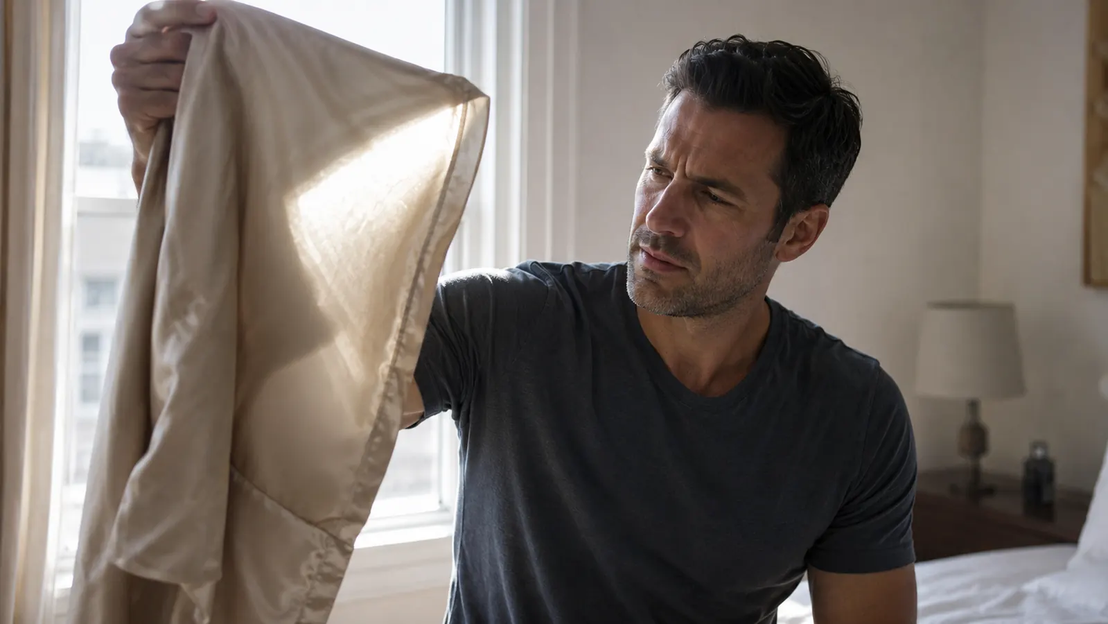 A beige silk pillowcase held up to window light so the weave and sheen are visible against the glare
