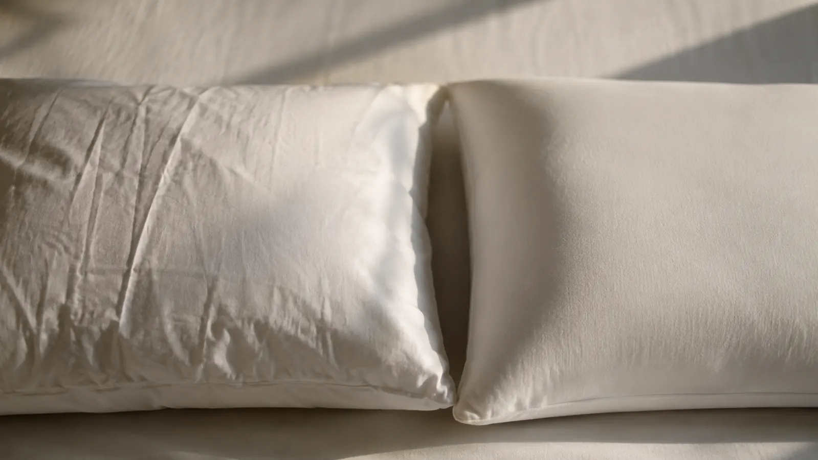 Two pillows side by side in the morning light, one with a cotton case showing a deep crease and one with a smooth silk case