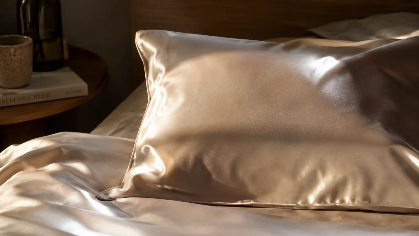 A beige silk pillowcase smoothed over a pillow on a neatly made bed in soft morning light
