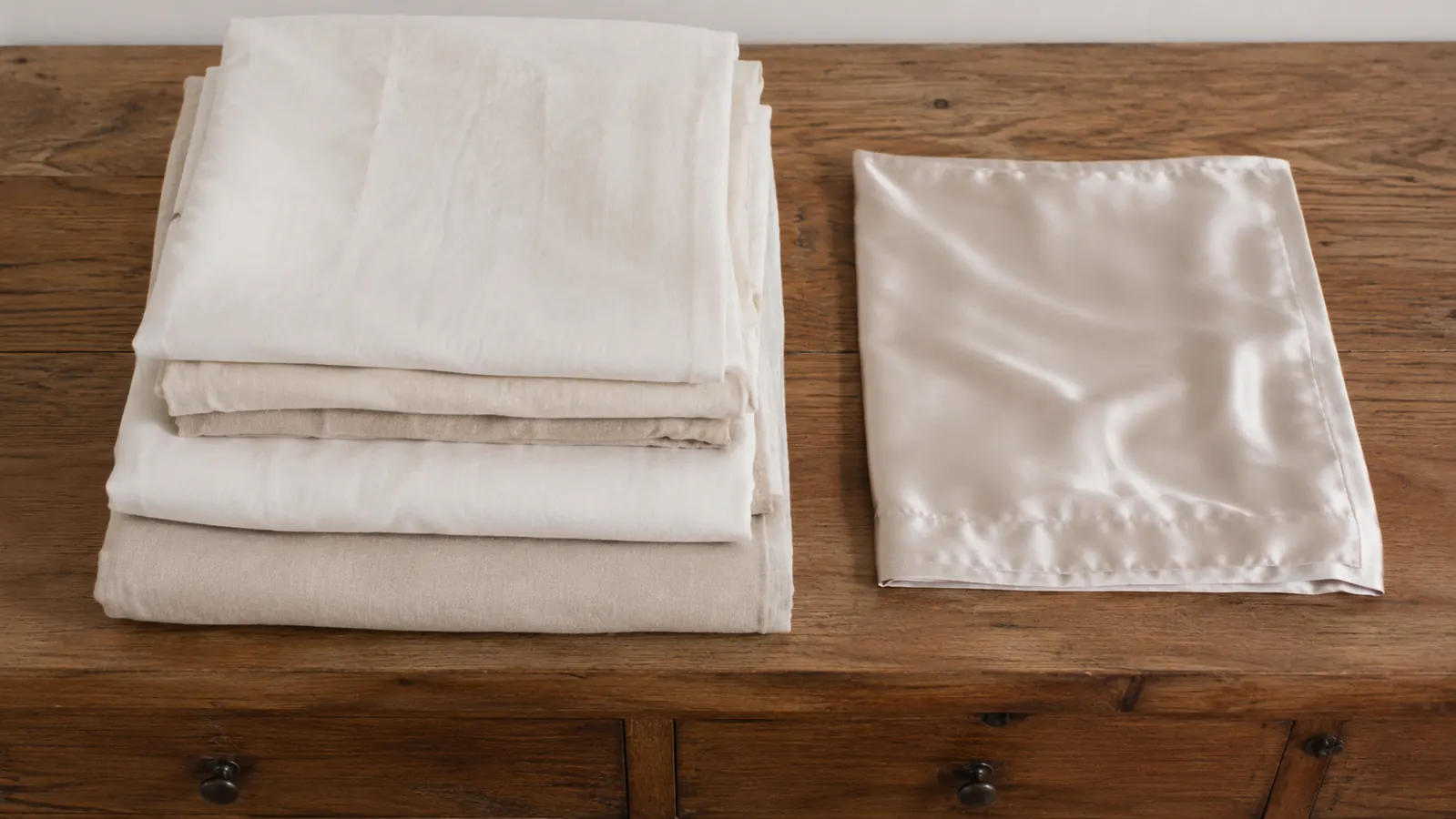 A stack of folded cotton pillowcases next to a single folded silk pillowcase, showing the texture and thickness difference