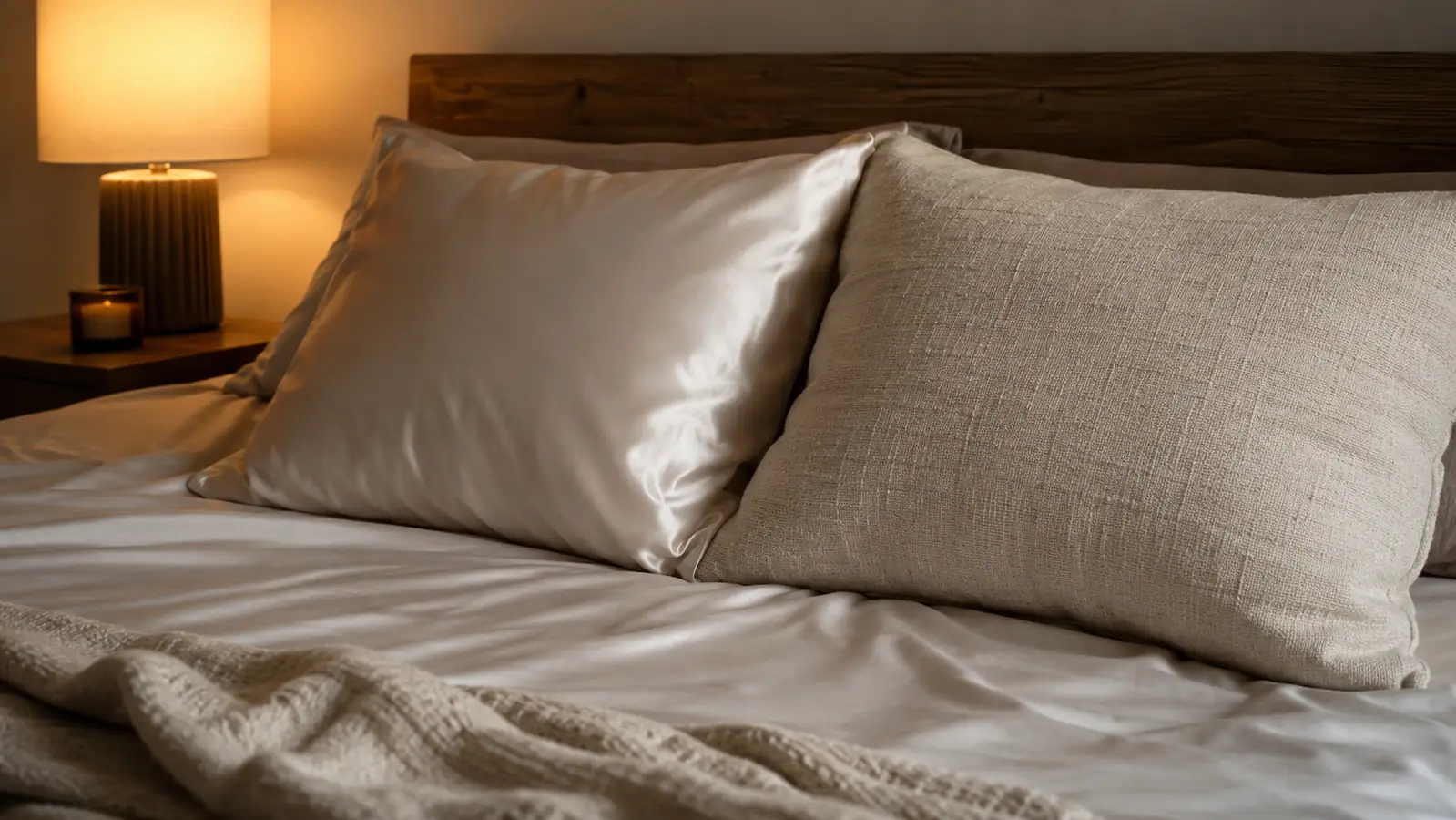 A made bed at dusk with a silk pillowcase on one pillow and a plain cotton pillowcase on the other, soft lamp light